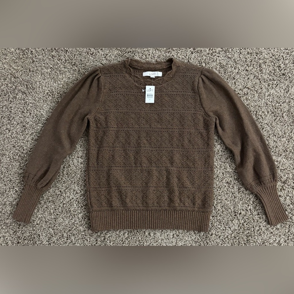 The Loft Brown Shimmer Pointelle Sweater Size Medium Puff Balloon Sleeves